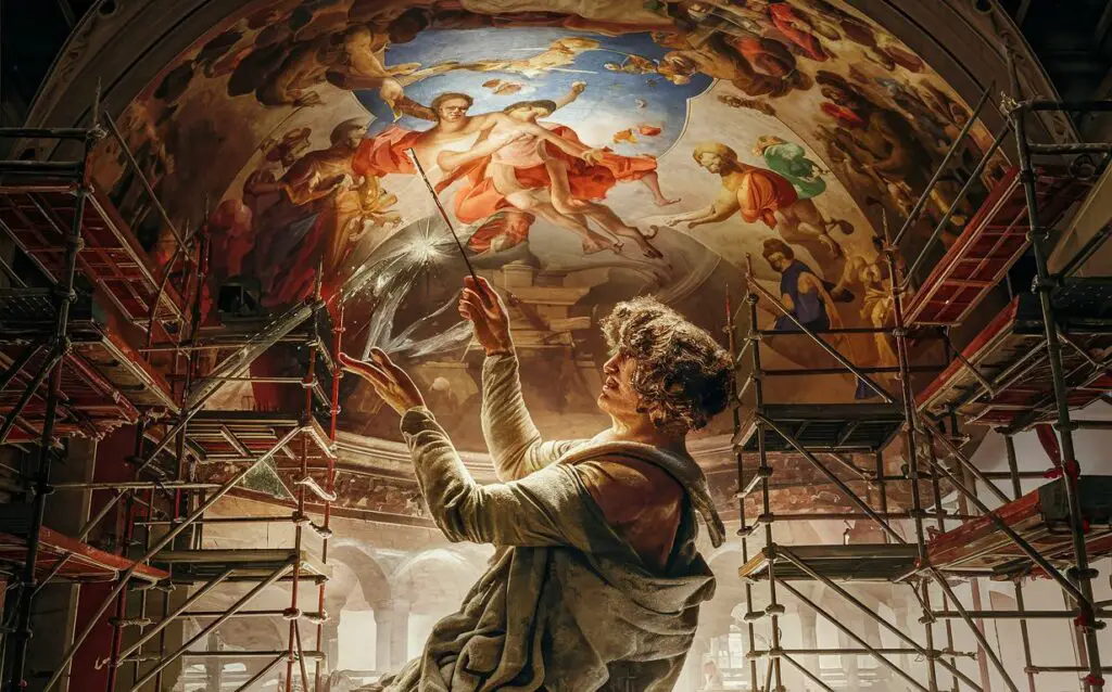 A captivating 3D render of Michelangelo at work